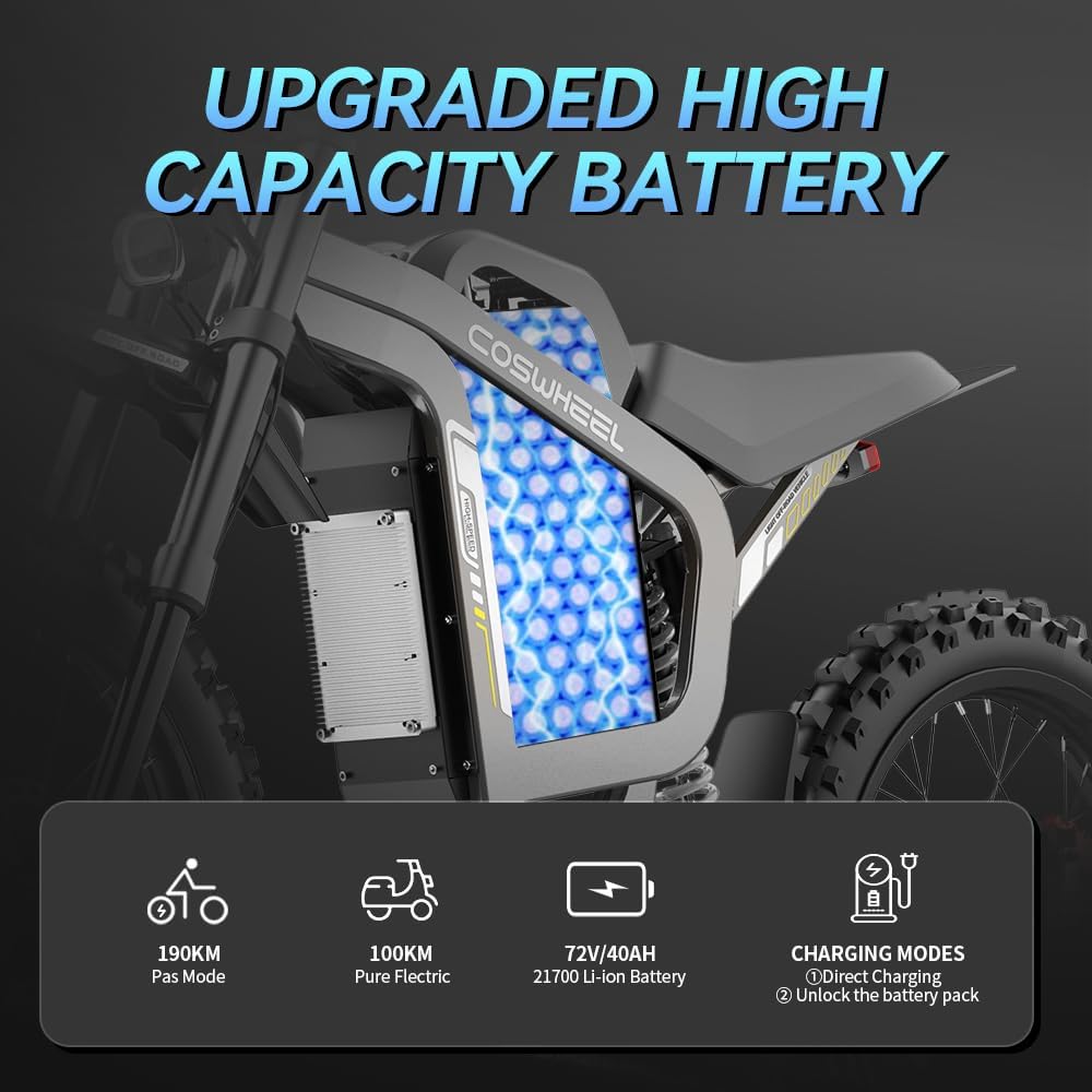 Readygo Coswheel R19 Adult Electric Dirt Bike, 72V 40AH ebike, 6000W Peak Motor, 19” Off-Road Tires, 50MPH Speed, 125 Miles Range, Perfect for Mountain, Trail, Snow & Outdoor Adventures.