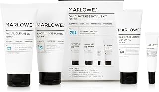 MARLOWE. Mens Skin Care Set, No. 204 Daily Essential Face Kit, No. 121 Facial Cleanser, No. 123 Facial Moisturizer, No. 127 Eye Cream, No. 128 Daily Face Lotion with SPF 50, Great Gift for Men