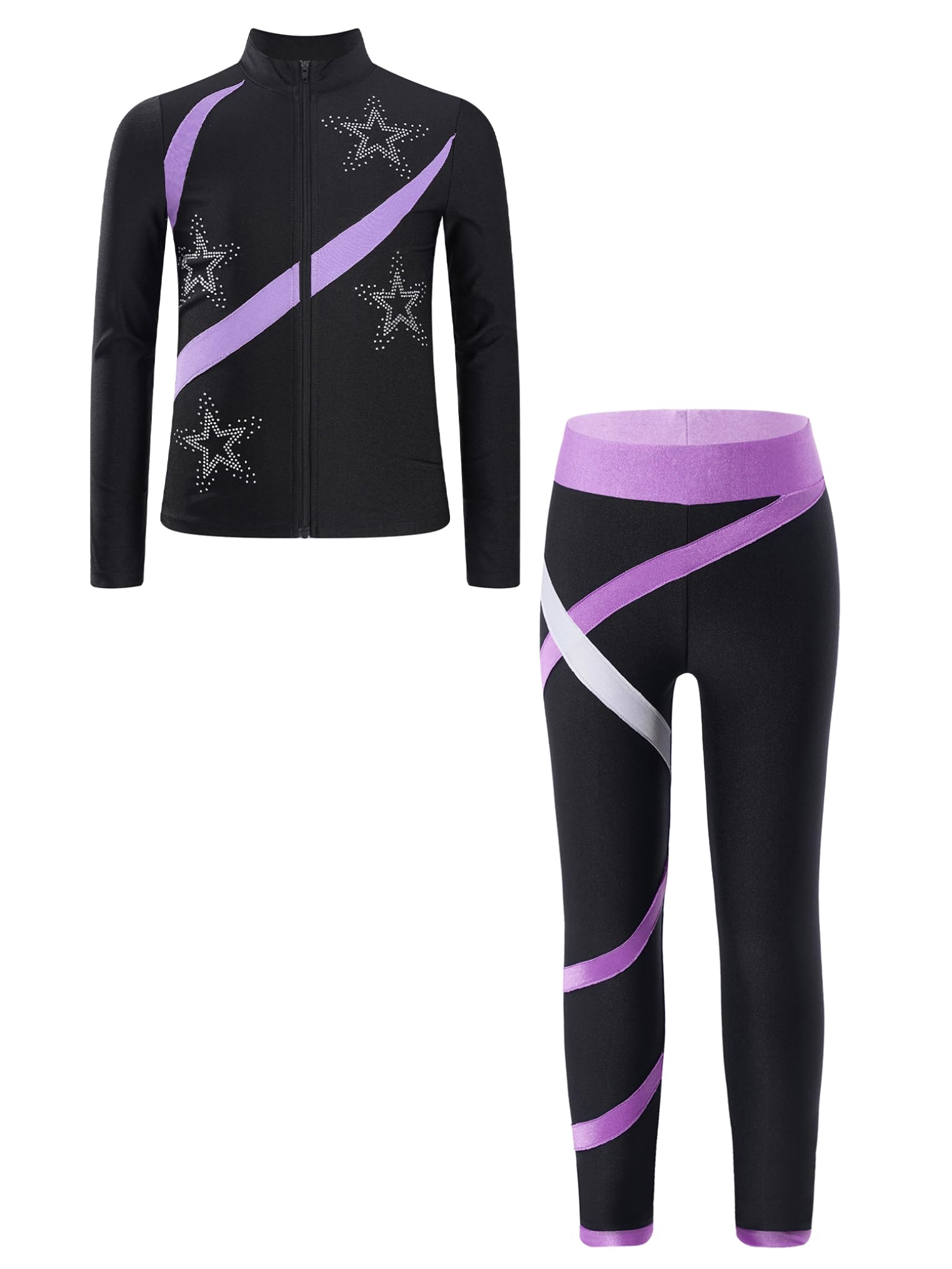Freebily Kinder Trainingsanzüg Mädchen Eiskunstlauf Anzug Jacke Leggings Set Mit Strass-Stern Und Patchwork Eislaufen Sport Sweatsuit Tanzanzug Hellviolett 146-152