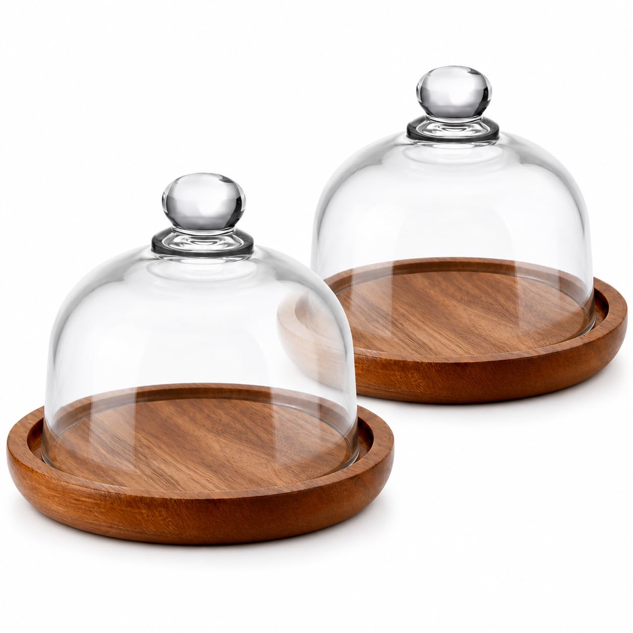 Qwork Clear 2 Pack Mini Cake Stand With Glass Dome, 4.13 Inch Acacia Wood Base – Small Dessert Cloche For 2 Inch Cakes, Succulents & Pastries – Cupcake Display For Parties & Table Decor