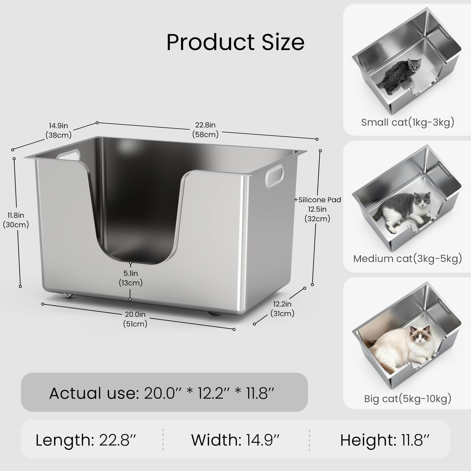 Stainless Steel Cat Litter Box 11.8” High Sides, Large Metal Litter Box with Low Entry for Big Cats, Leak-Proof Pet Toilet Kitty Litter Pan with Wheels for Mobility, Easy to Clean & Non-Stick - image 2