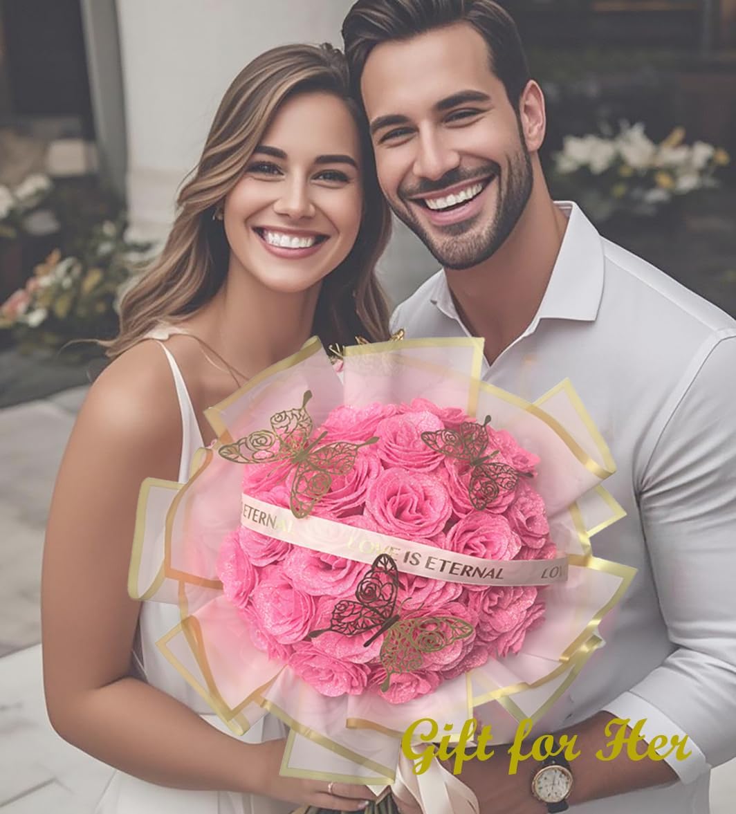 Pink Glitter Roses Gift for Her, DIY Artificial Rose Butterfly Flowers Bouquet Rose Gifts for Mothers Day Valentine Anniversary Birthday Gift for Women Wedding Decoration