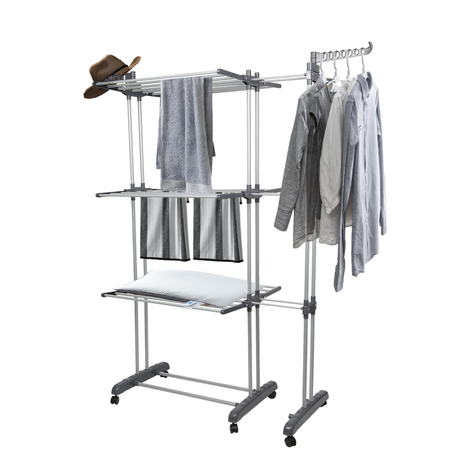 Etendoir Linge,Longueur extensible, Séchoir Mobile à 3 Niveaux, sechoir a linge pliable, pour Intérieur et Extérieur, Grande Capacité, Taille 142.5*64*170cm, avec roulettes (Noir Et Blanc)