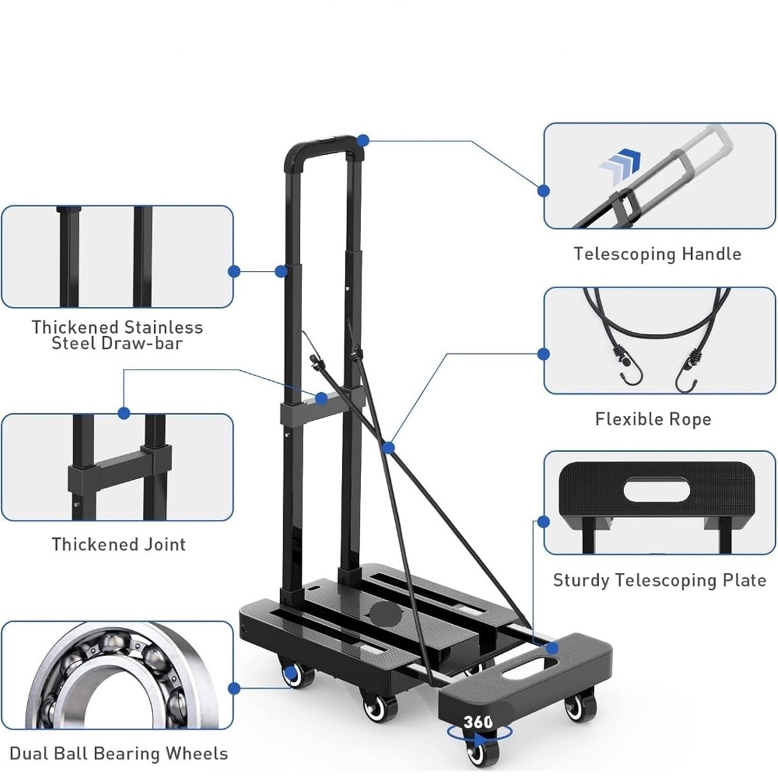Carrello a mano pieghevole, carrello for bagagli pesanti da 500 libbre, con piattaforma for carrelli di utilità 6 ruote 2 corde elastiche for Per Il Trasporto