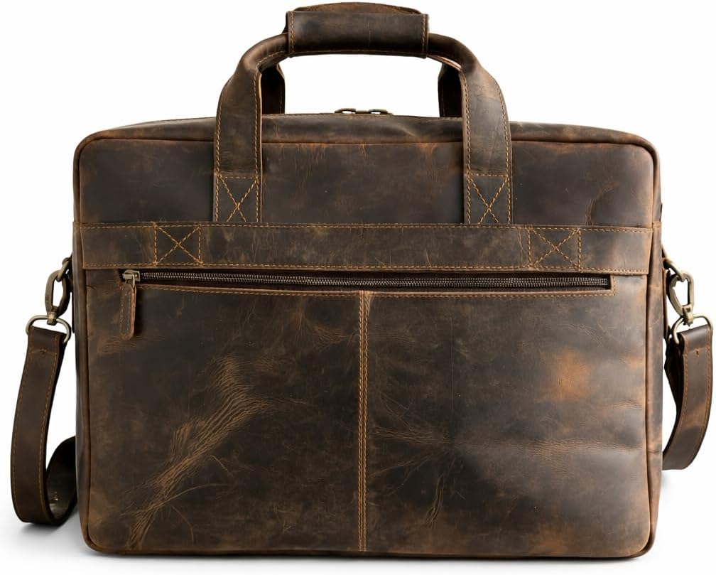 Full Grain Handcrafted 16” Leather Laptop Messenger Bag – Executive Office Briefcase with Thick Wide Shoulder Strap, Detachable Buckle & Spacious Compartments for Travel & Work