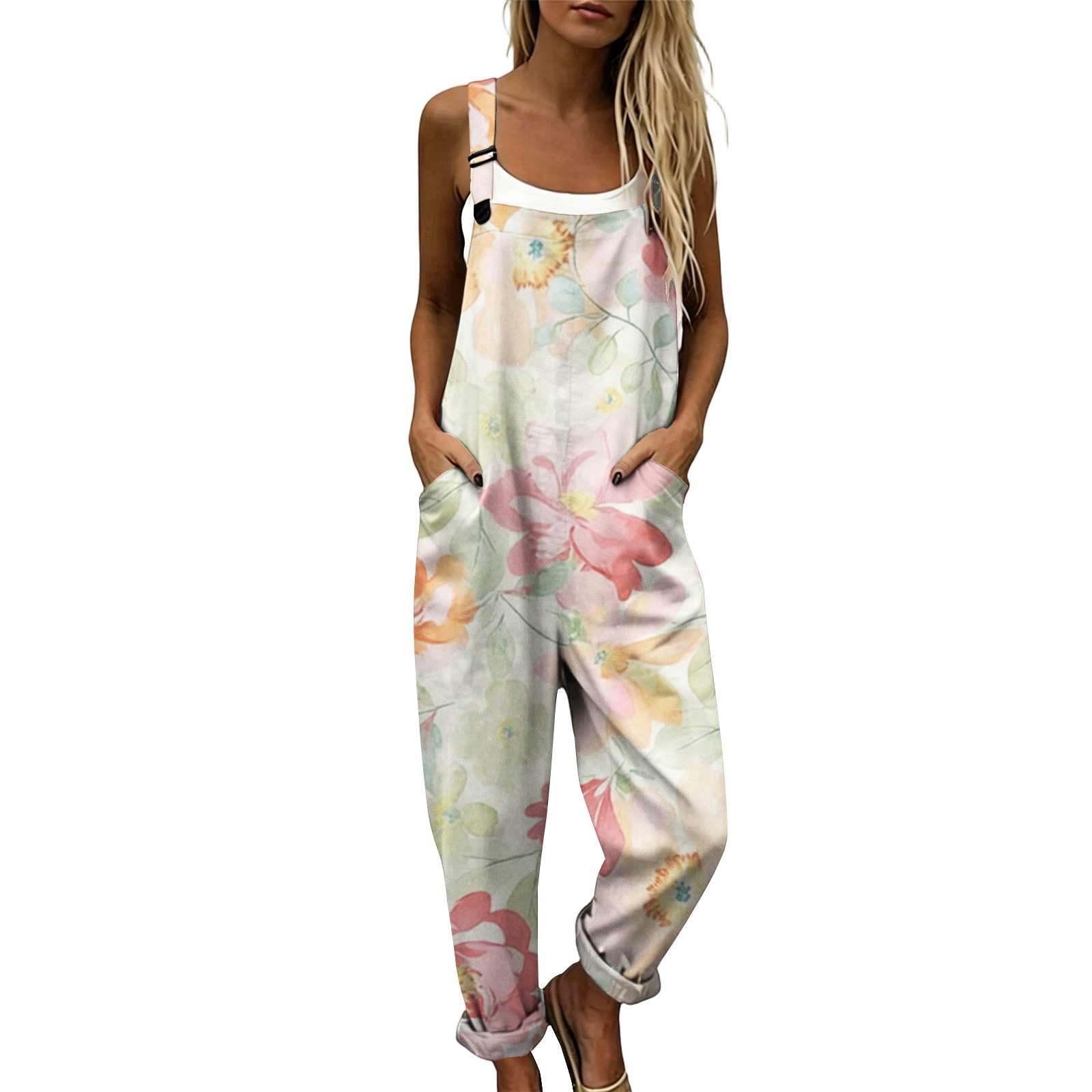 Salopette Donna Estiva in Cotone Lino - Tuta Intera Elegante Boho Chic Tuta Stampa Pantaloni Baggy Gamba Larga Ample Jumpsuit Curvy con Tasche Comoda per Mare e Vacanze Spiaggia