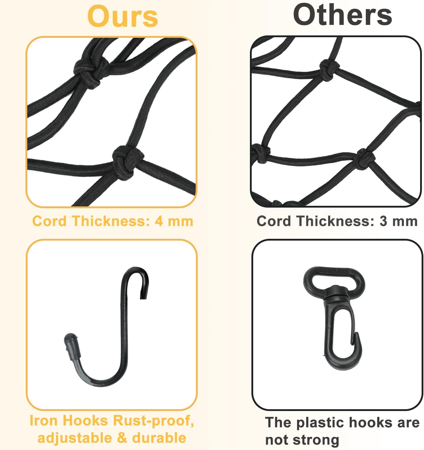 2-Pack Bungee Net Motorcycle Cargo Net, 12" x 12" Small Cargo Net Stretch to 24" with 6 Adjustable Hooks Bike Bungee Cord Net