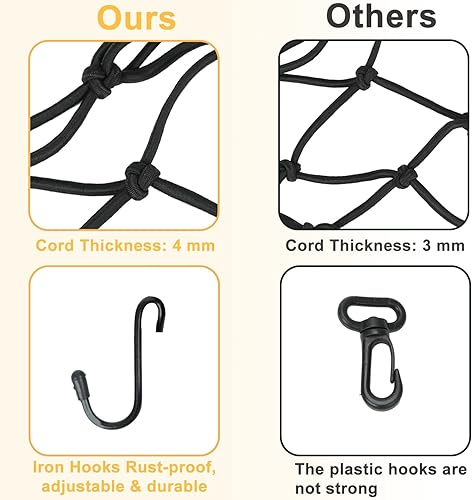 Miniatura 3 de Paquete de 2 redes elásticas de carga para motocicleta, red de carga pequeña de 12 x 12 pulgadas, elástica a 24 pulgadas con 6 ganchos ajustables