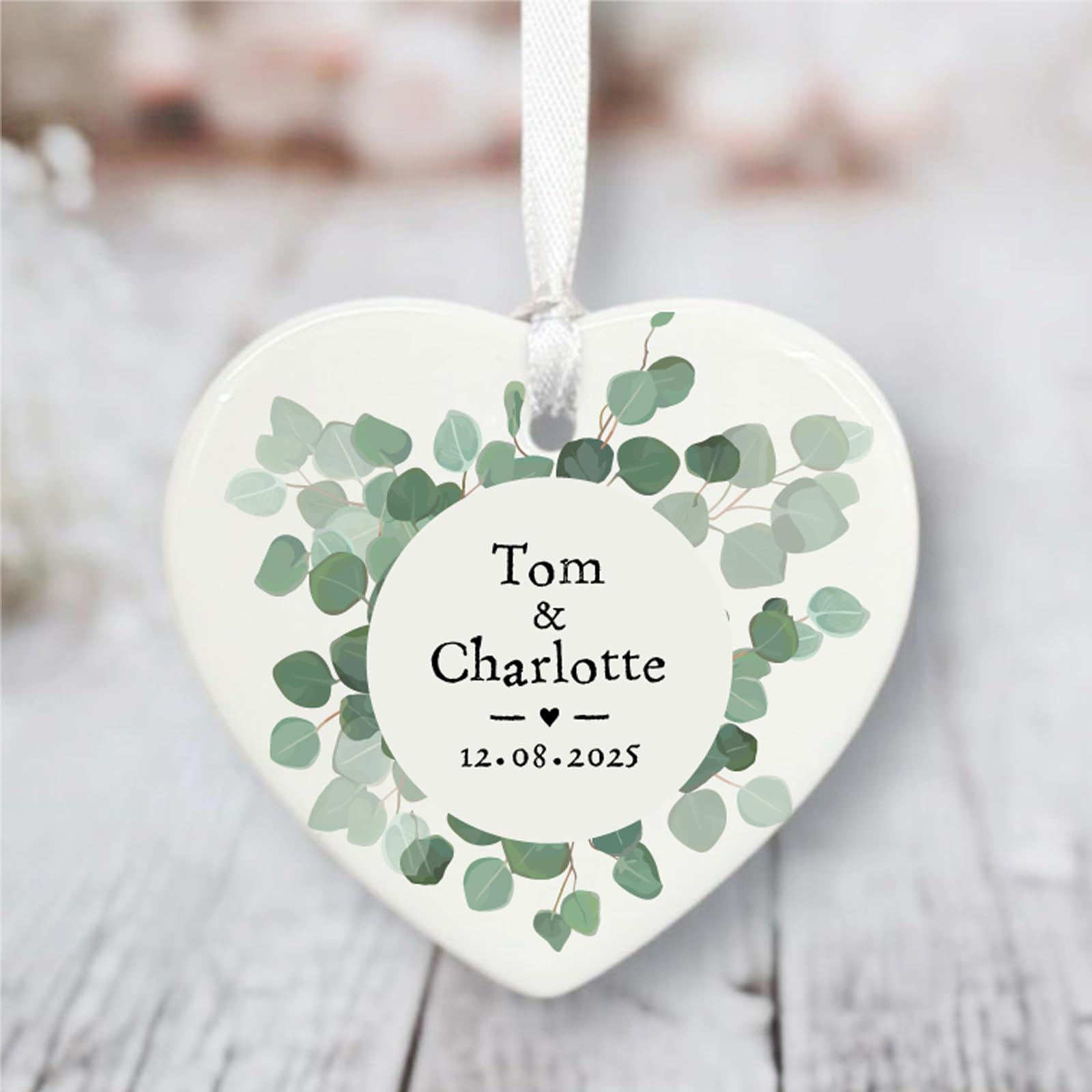 Luck And Luck White Botanical Personalised Porcelain Heart, Wedding Engagement Keepsake With Name, Keepsake Gift With Names And Dates, Gift For Couple