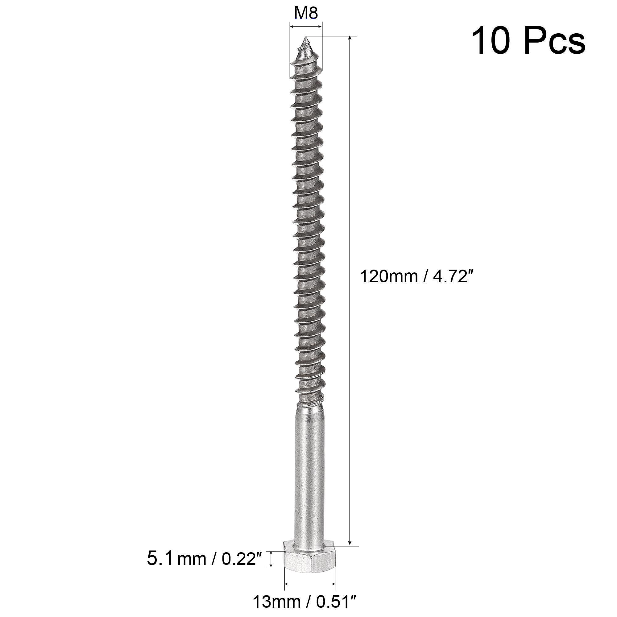 Unifizz 10 Pcs Hex Lag Screws, M8 x 120mm 304 Stainless Steel Wood Bolts - Image 2