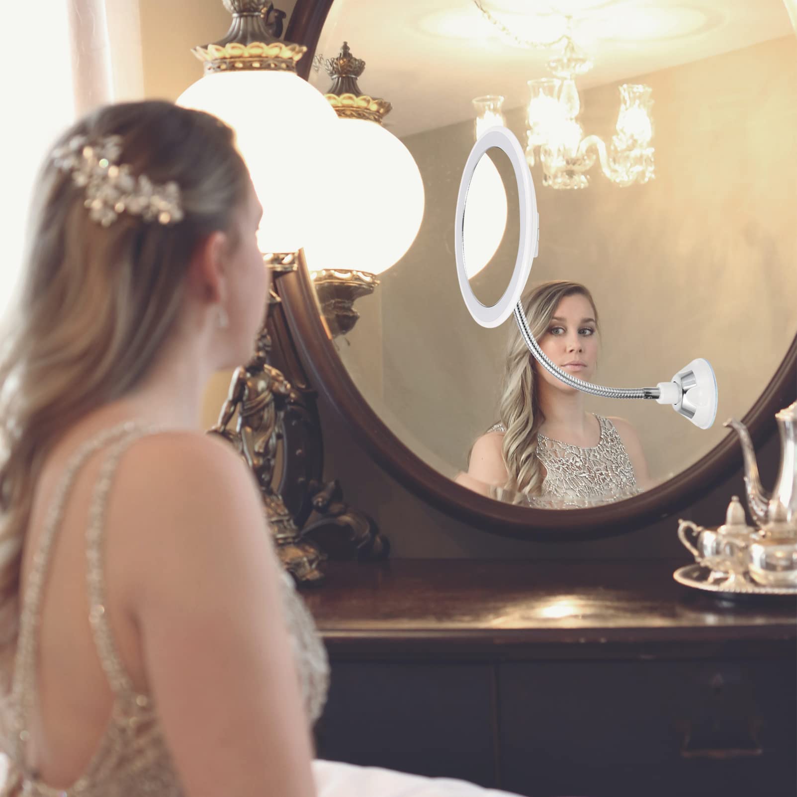 FOMIYES 360grado Espejo de Maquillaje Ventosa Rotación de Grados y Aumento de Espejo LED para Mujer para Baño Maquillaje y Viajes