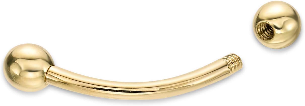 Lavari Jewelers 16 Gauge Curved Barbell Eyebrow Stud - 14k Yellow Gold - 5/16 or 3/8 Inches - Unisex Hypoallergenic Piercing Jewelry