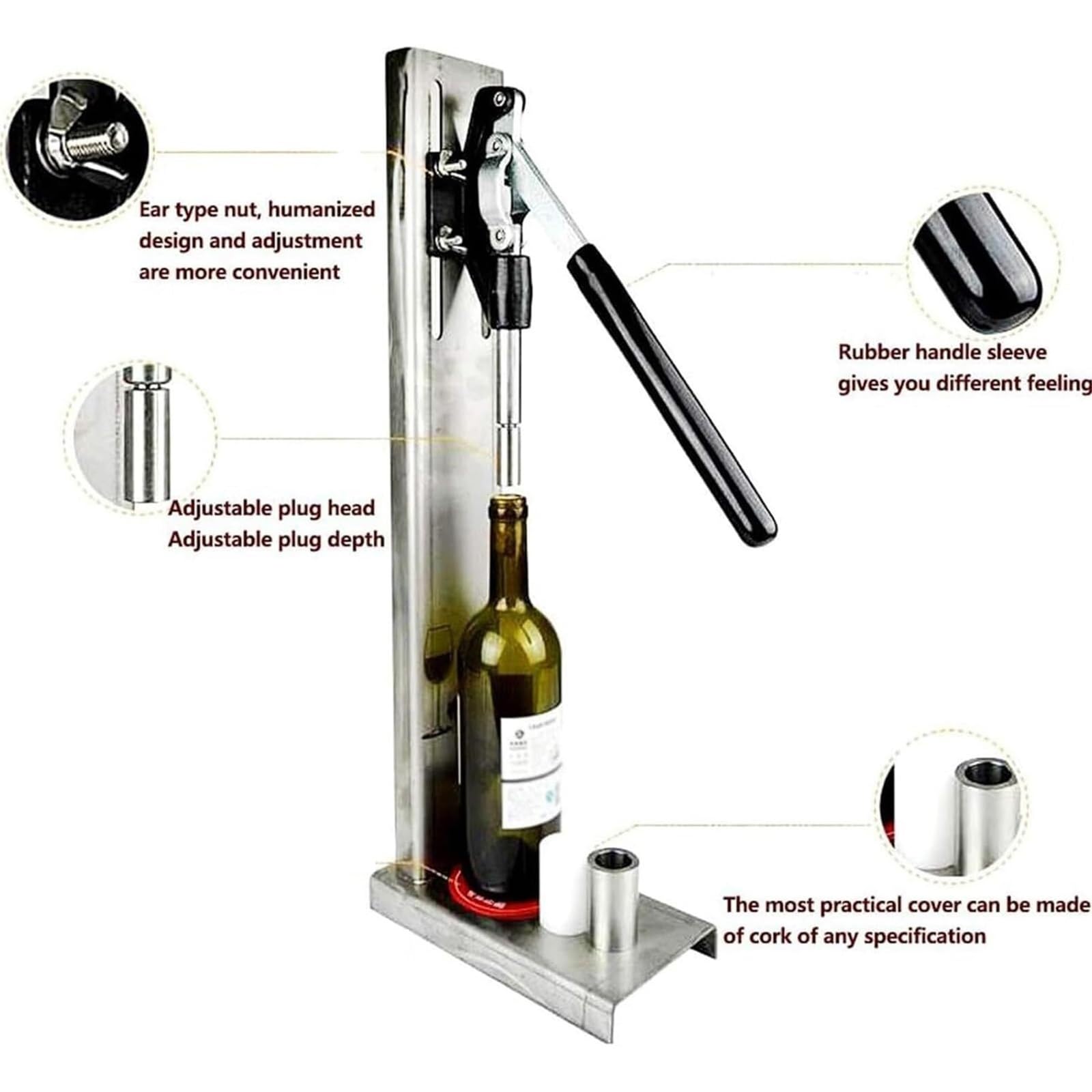 Boucheuse manuelle en acier inoxydable pour bouteilles de vin, avec 4 têtes de bouchage, 300 bouteilles/h, hauteur réglable, diamètre de bouchage : 20-22 mm, pour bouchons en liège