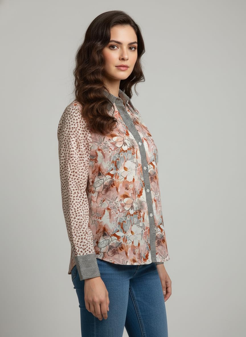 ANNI Designer Bedrucktes Damenhemd aus Baumwollmischgewebe, langärmelig, normale Passform, Kragen, legere Bürokleidung, elegante Western-Kleidung für den Alltag, Hochzeit, Party