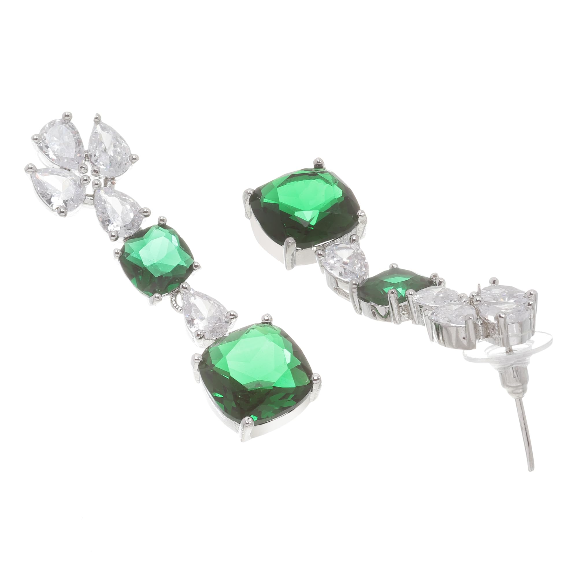 Rhodium-Plated Square American Diamonds Necklace & Earrings Set