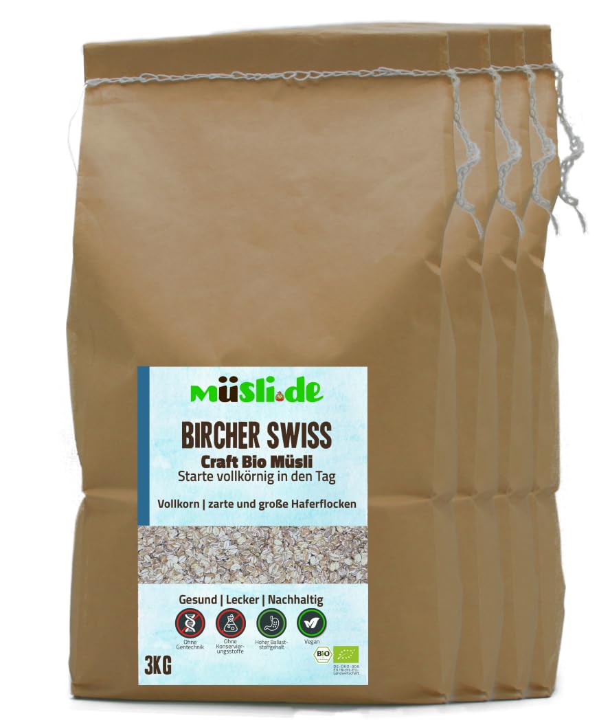 müsli.de BIO Haferflockenmischung Bircher Swiss (feine und grobe Haferflocken) 4 x 3kg, für eine vegane Ernährung geeignet. Knackiger Geschmack dank Vollkornflocken. (3kg Beutel (4 Stück))