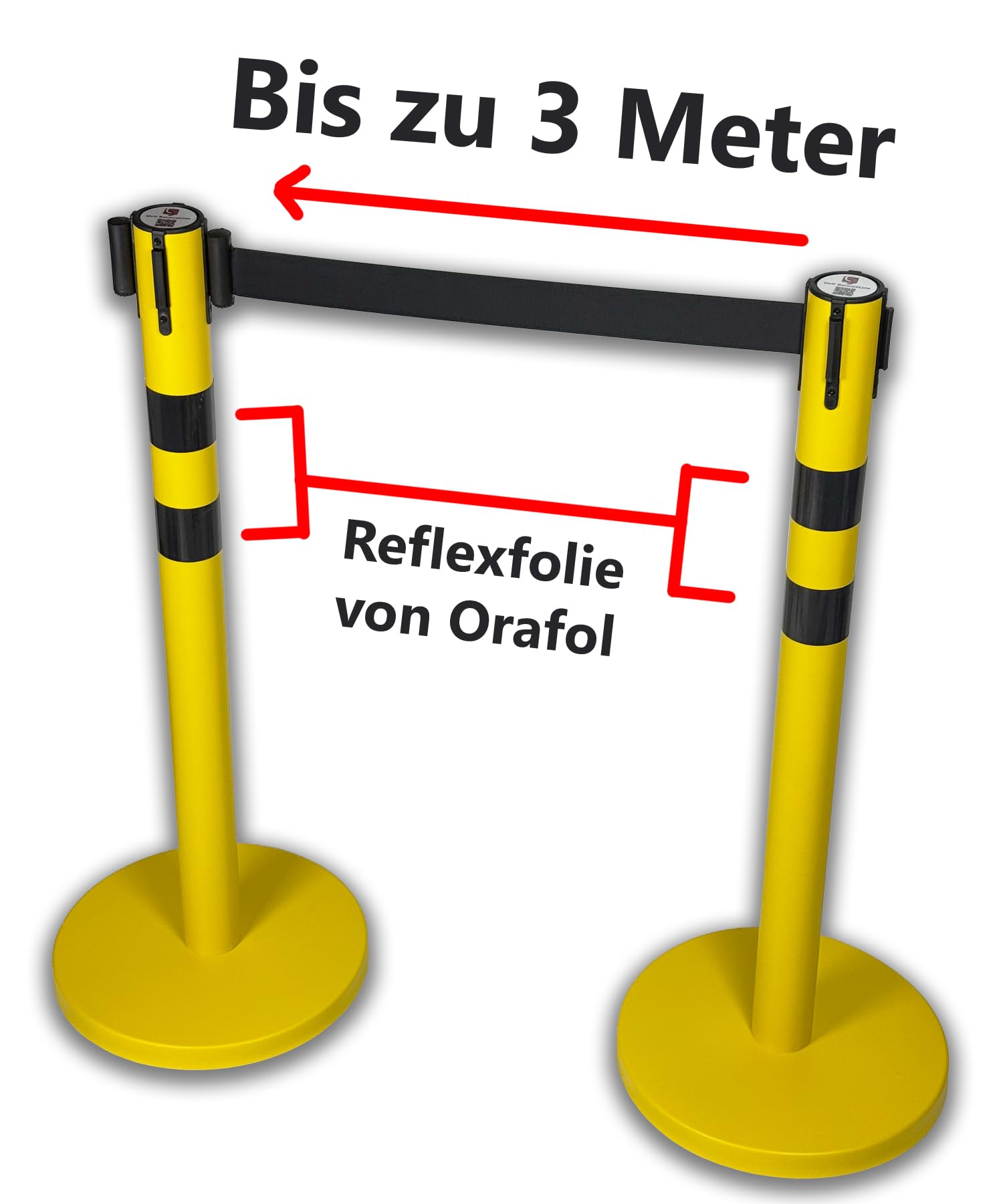 UvV BounceLine Personenleitsystem, Absperrpfosten, Edelstahl gelb beschichtet, 2 Pfosten 90 cm Hoch je 3 m Gewebeband (Stahl 8 kg (Heavy), gelb schwarz/gelb)