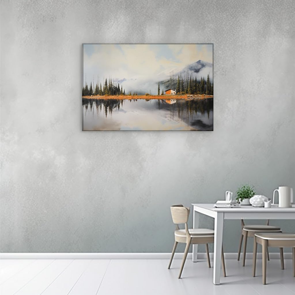 Canvas for Living room. Serene Lakeside Retreat: A Tranquil Cabin Amidst Nature's Embrace, 27 x 18 inch Canvas Wall Art - Ready to Hang - 69x46 cm (27x18 inch)