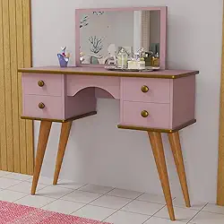 Penteadeira Infantil Rosa com Espelho e Gavetas com Pés Palito Retrô