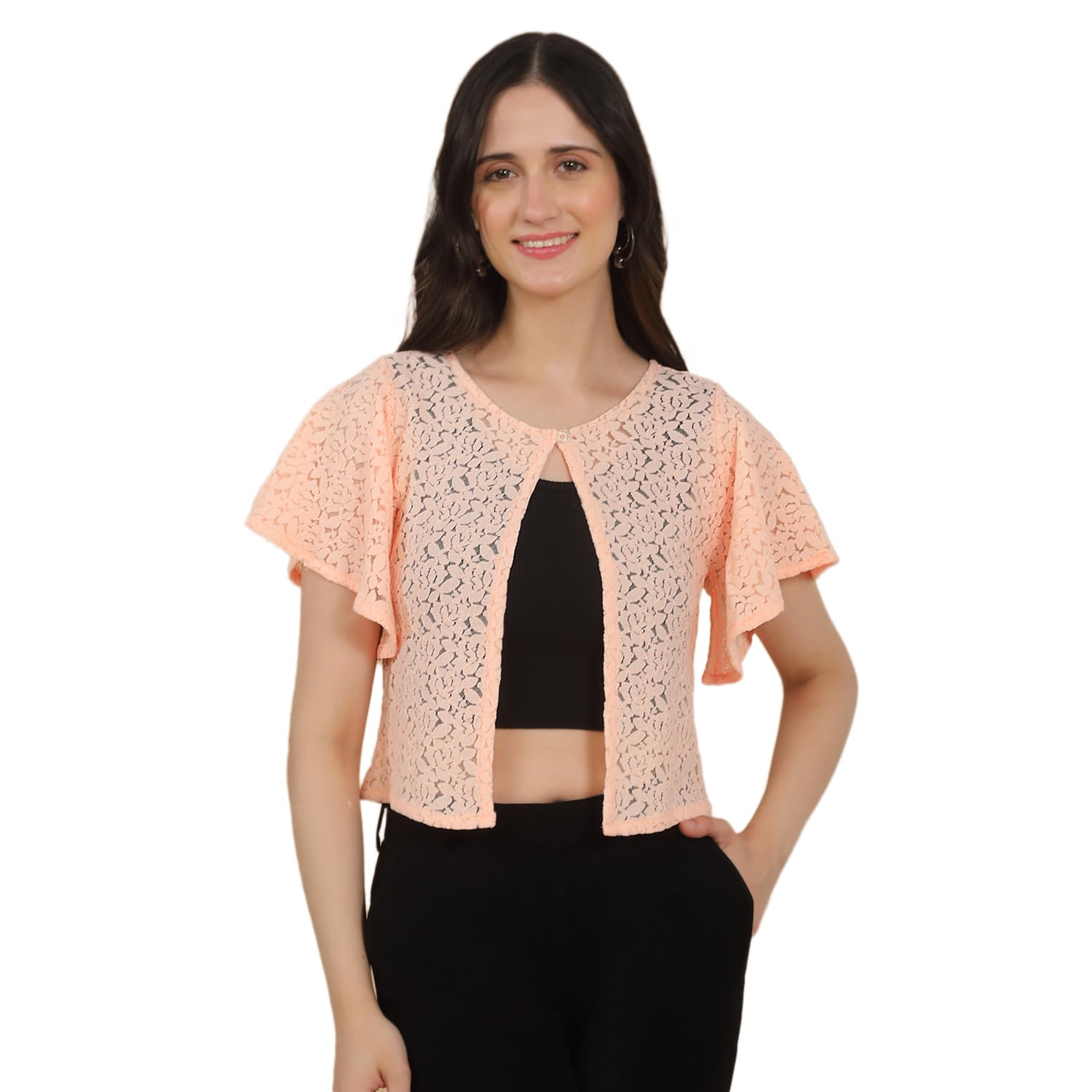 Women's Peach Cotton Blend Crochet Shrug | Open Front Short Cape Shrug | Flared Half Sleeve Casual Layering Jacket for Women-image-45