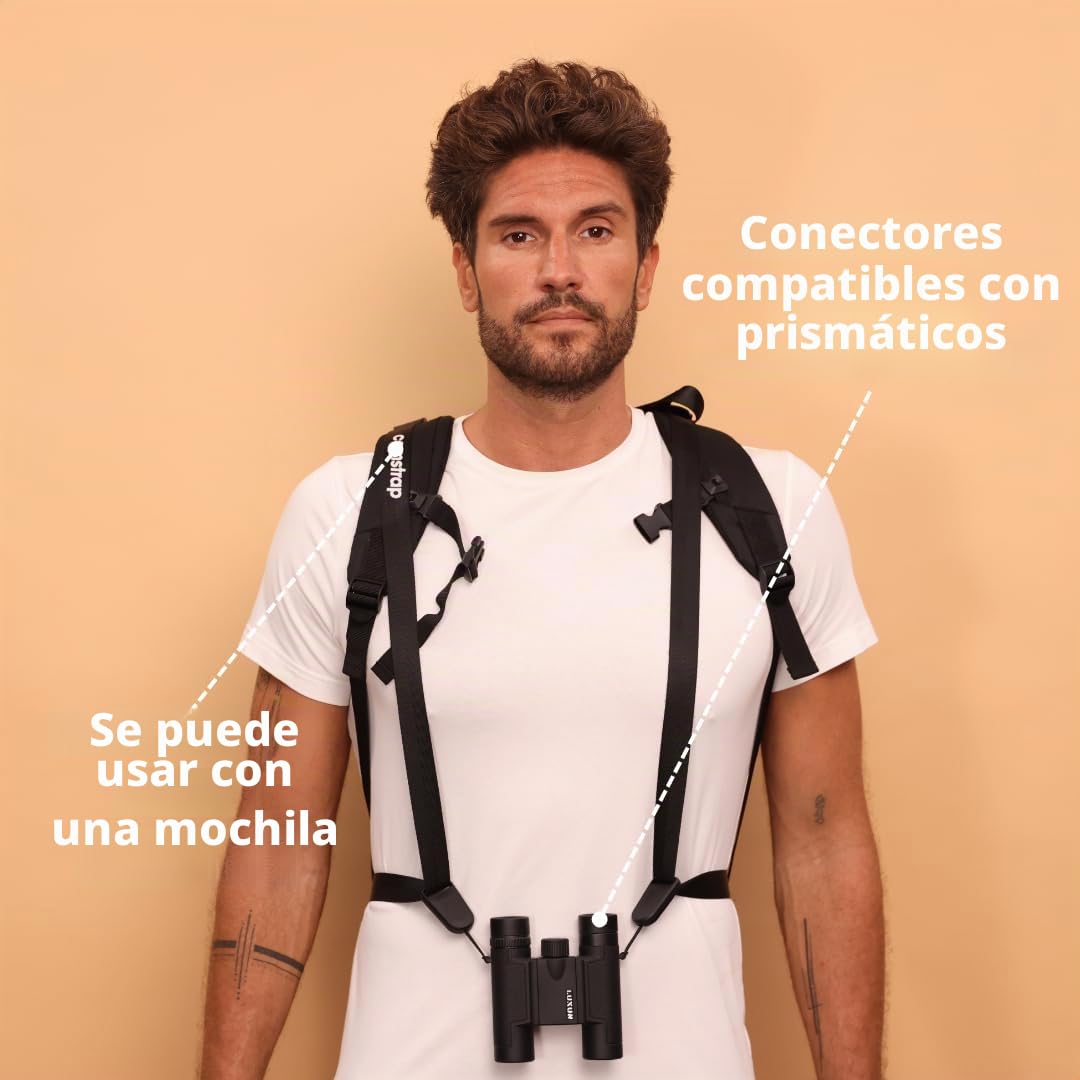 Camstrap - Correa para cámara y prismáticos manos libres ultraligera y ajustable, sistema de fijación rápida con conectores, protección óptima del cuello y la espalda, universalmente adaptable, Negro