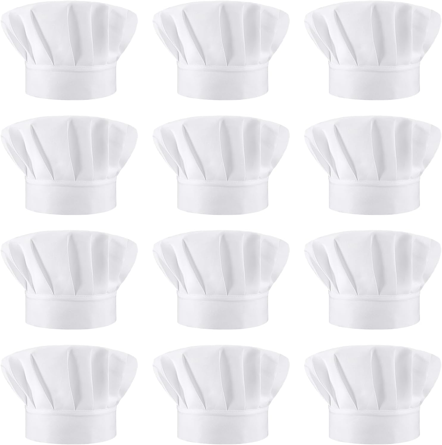 KALIONE 12 Pack Adjustable White Chef Hats for Adults - Elastic Baker Caps for Men Women, Kitchen Cooking