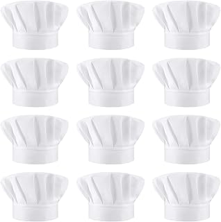 KALIONE 12 Pack Adjustable White Chef Hats for Adults - Elastic Baker Caps for Men Women, Kitchen Cooking