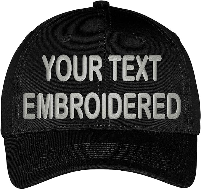 Custom Hat, Embroidered. Your Own Text. Adjustable Back. Curved Bill (Black)