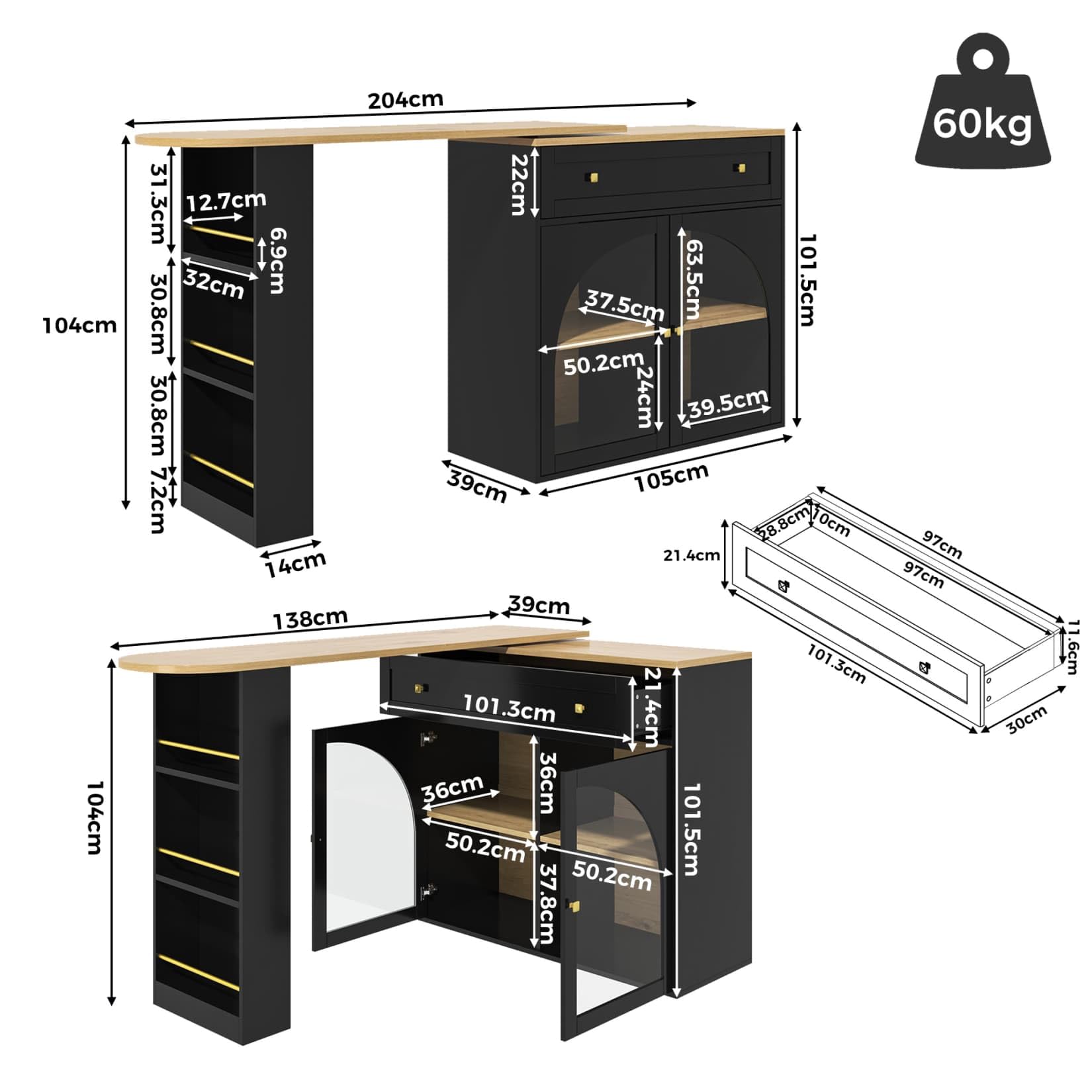 PUGSDRLY Table de Bar Extensible avec Espace de Rangement,Table Bar Cuisine Pivotant à 360°,2 Porte en Verre et 1 Tiroir,Compartiment Ouvert,Comptoir de Cuisine (D, Noir)