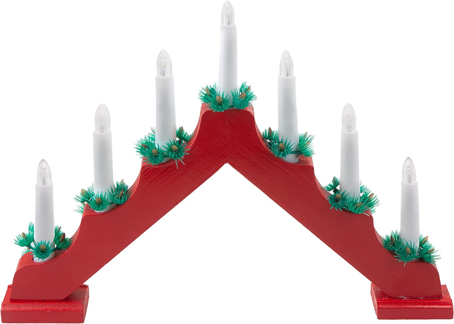Pms Red Vfm - Wooden Candle Bridge 7 Led Battery Powe Traditional Christmas Decoration Light For Window Sill Or Mantlepiece With Festive Foliage Trimming