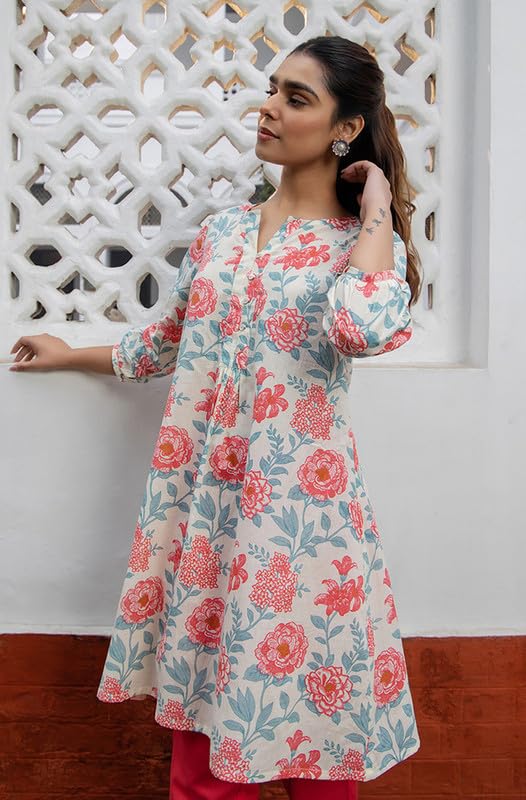 Image of Janasya Women's Pure Cotton Floral Printed A-Line Tunic