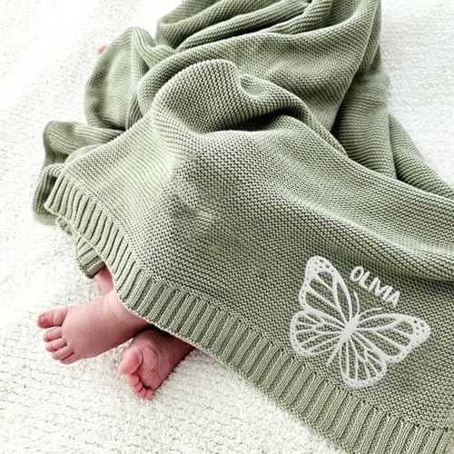 Image of Luxury Personalized Name Butterfly Baby Blanket, Embroidered Name, Soft Breathable Cotton Knit, Newborn Gift