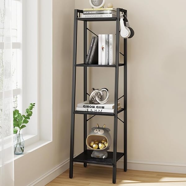 Hzuaneri Ladder Shelf, Bookshelf Bookcase, Freestanding Corner Storage Shelve with 2 Hooks for Home Office, Living Room,