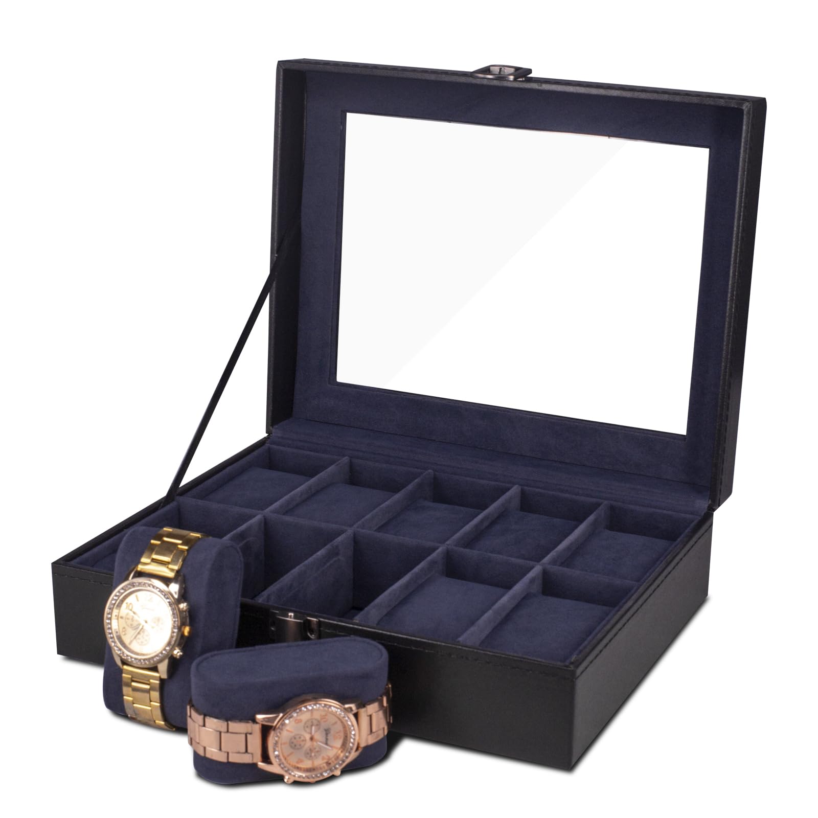 GuolichGuolich Watch Storage Box 6 Slots Watch Display Stand Case Leather Carbon Fiber Jewelry Bracelet Storage Box with Glass Cover (Black 10 Slots)