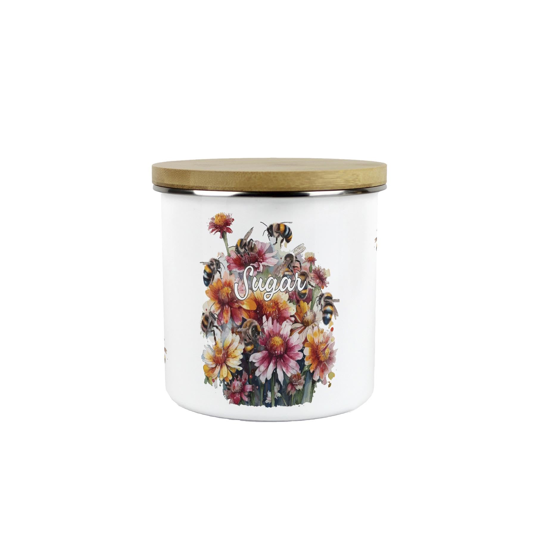 Flowers & Bees Sugar Storage Canister - 600ml Enamel Kitchen Container Gift
