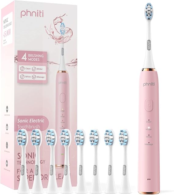 Sonic Electric Toothbrush, USB Rechargeable Toothbrush, 2 Mins Smart Timer 4 Brushing Modes with 2 Replacement Brush Heads by Phniti, Pink