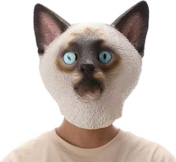 CreepyParty Siamese Cat Mask for Adults, Natural Latex Siamese Cat Costume Mask for Halloween Parties and Cosplay