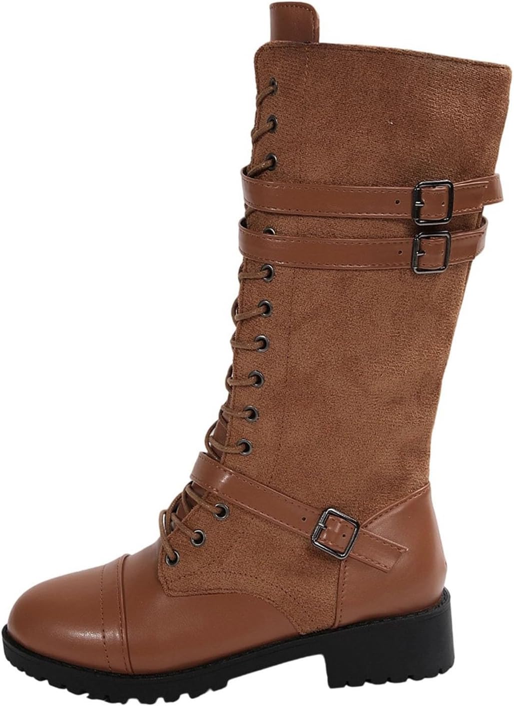 Brown Knee High Boots for Women:Fashion Lace up Combat Booties Winter Warm Round Toe Chunky Heels Side Zip Footwear Shoes