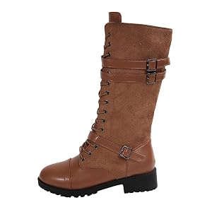 Brown Knee High Boots for Women Fashion Lace up Combat Booties Winter Warm Round Toe Chunky Heels Side