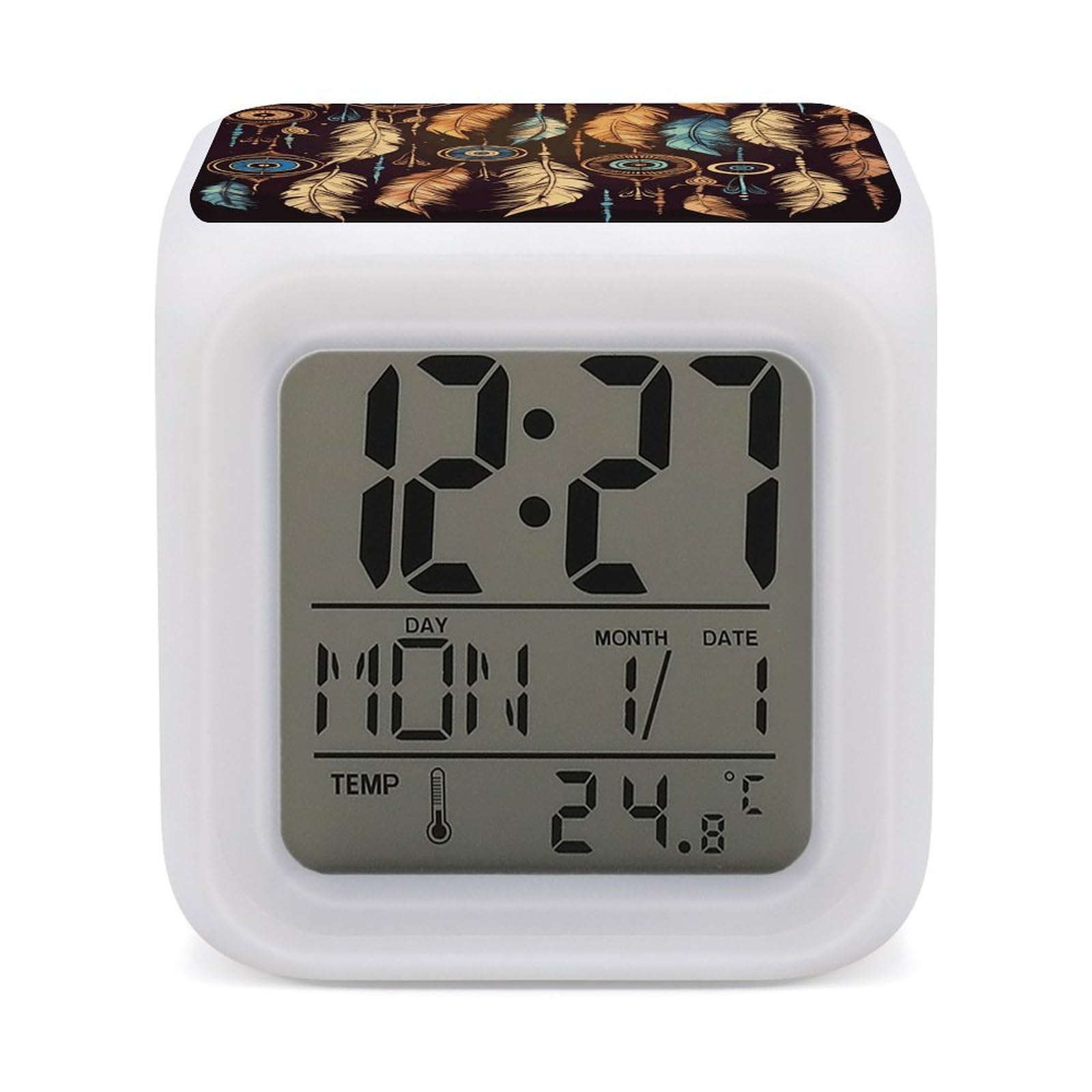 VstaDank Vintage Ethnic Tribal Feather Alarm Clock with 7 Color Changing Night Light Date Temp Display Wake Clocks LED Display Digital Clock Electric Desk Clocks for Living Office Bedroom Decor