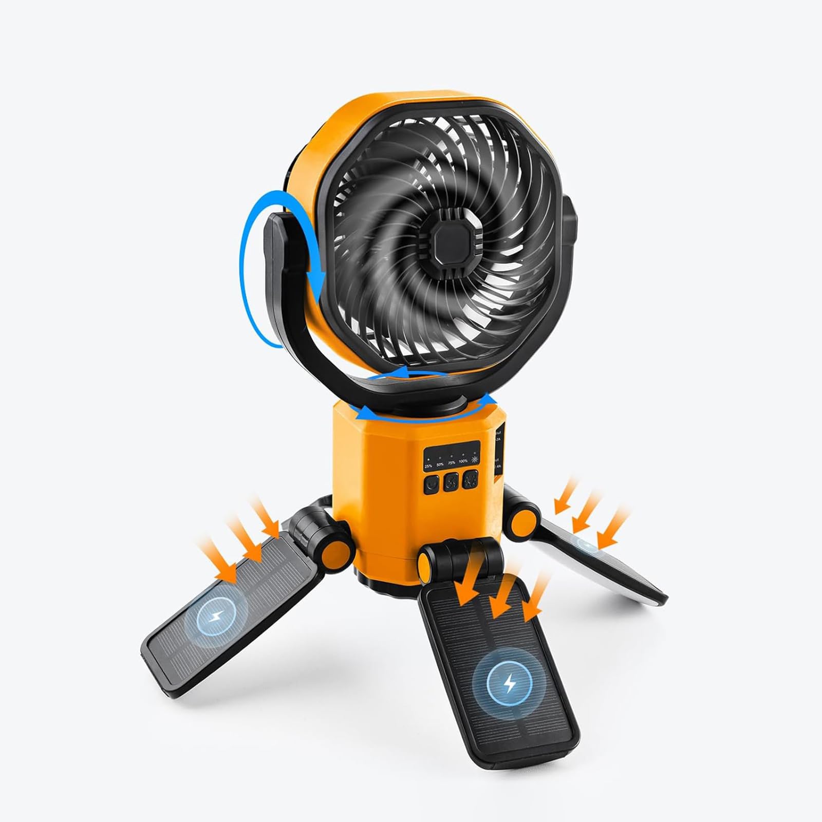 zenggp Rechargeable Fan, Portable Solar Hanging Fan With Light, For Camping Travel Tent, 6000mAh Battery|3-Way Lighting|4 Speeds, Quiet Oscillating Fan, With 4 Light Panals And Hooks(Yellow)