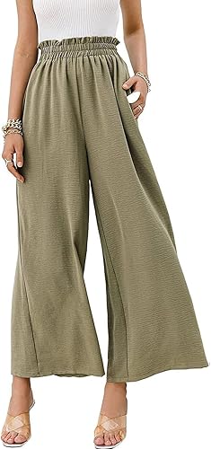 Mtsebmves Pantalones palazzo de pierna ancha para mujer, elásticos, de cintura alta, holgados, palazzo, con bolsillos (verde, talla XL), Verde