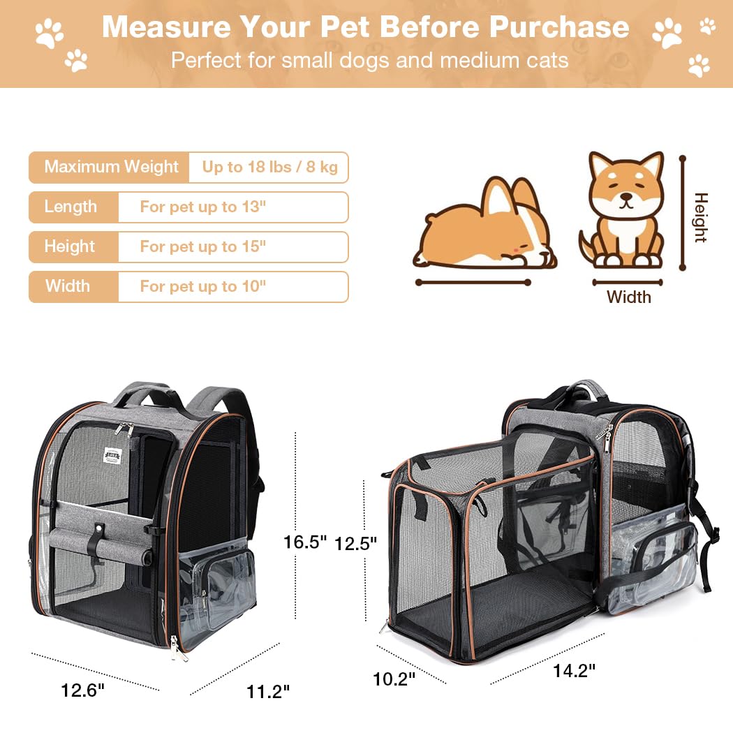 Klarer Haustier-Rucksack Erweiterbarer Katzen-Rucksack Tragetasche Haustier-Rucksack für kleine und mittelgroße Hunde und Katzen, passend für bis zu 8,2 kg