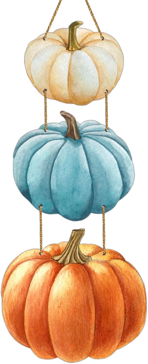 Fall Door Decor Blue Orange Pumpkin Wall Decor Wooden Front Door Hanger Fall Sign for Autumn Thanksgiving Harvest Farmhouse Porch Indoor Outdoor Home Decorations