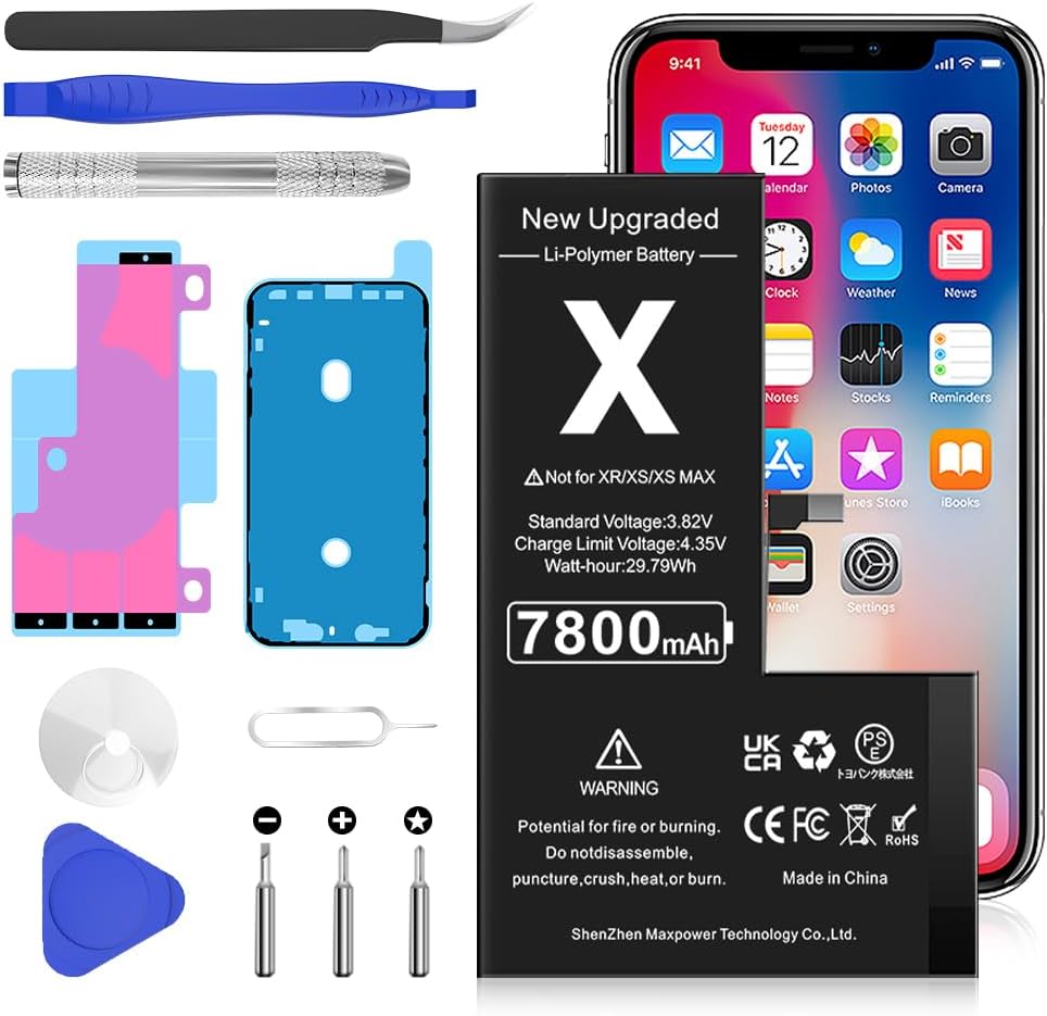 SHENMZ 7800mAh Battery for iPhone X, (New Version) Ultra High Capacity Long Lasting Battery Replacement Compatible with iPhone X Model A1865, A1901, A1902 with Full Set Professional Repair Tool Kits