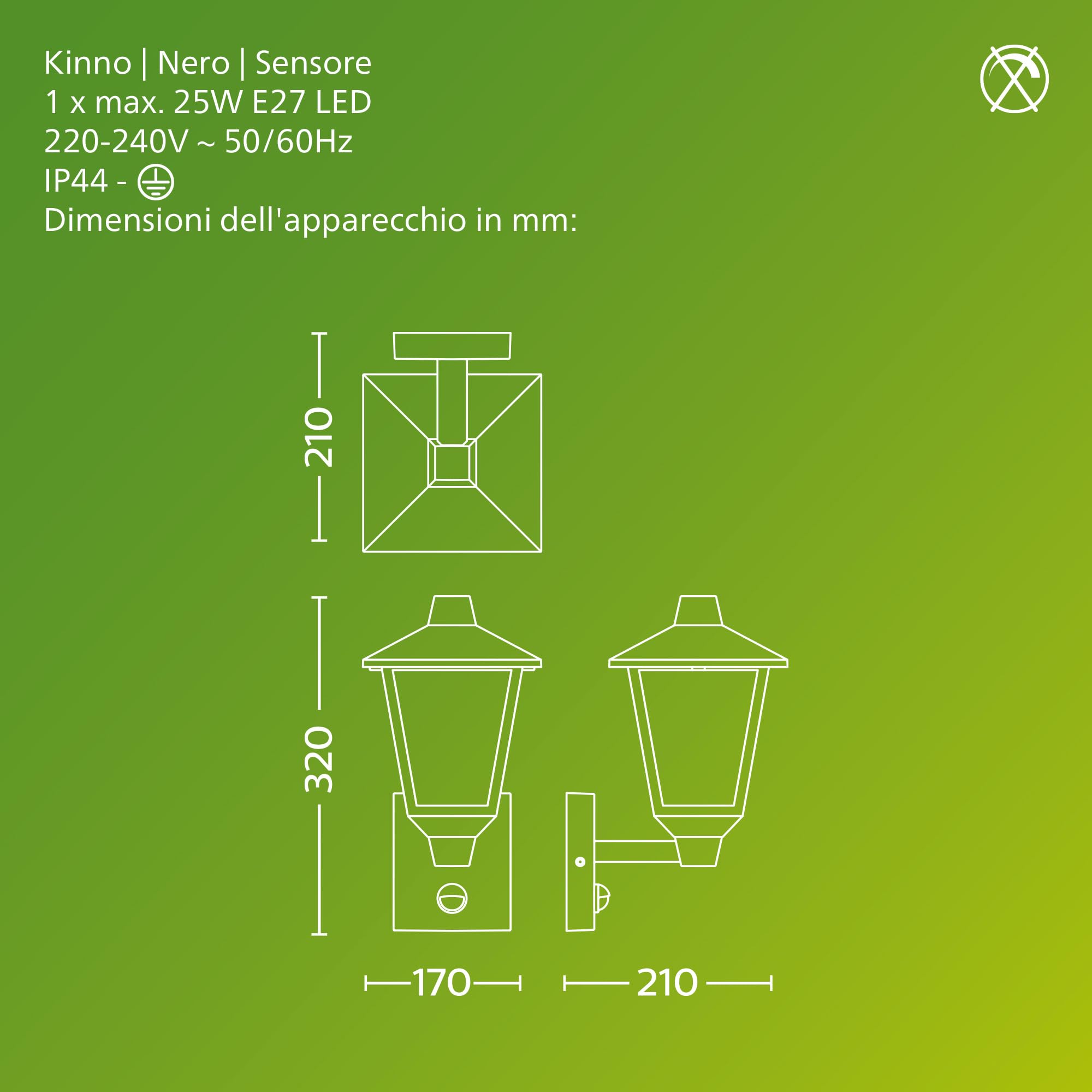 PHILIPS Kinno, Lampada da parete, per Esterni, con Sensore di Movimento, Max 25W, Attacco E27, Nero