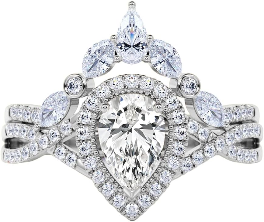 1.0 Carat Moissanite Pear Bridal Ring Set - Pear Cut Wedding Ring Set Sterling Silver Pear Shaped Moissanite Ring Set Proposal Anniversary Promise Ring Set