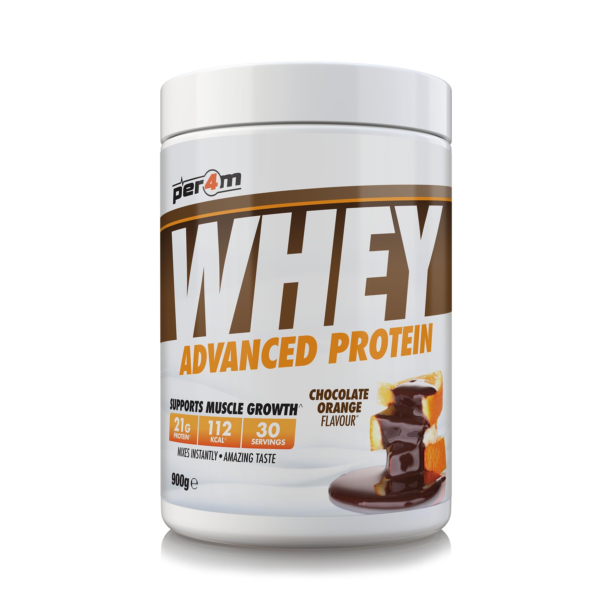 Per4m Whey Protein Powder | High Protein Shake for Muscle Growth & Recovery | Low Sugar Gym Supplement | Sports Nutrition Drink + Amino Acids (900g, Chocolate Orange)