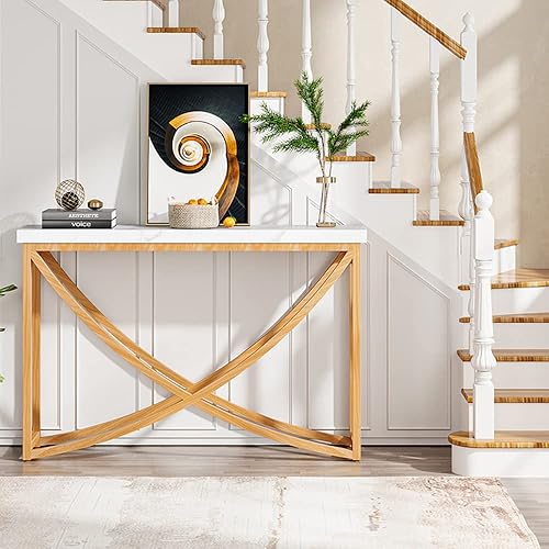 Tribesigns Mesa consola de entrada con parte superior de mármol sintético blanco de 43 pulgadas mesas modernas de sofá de entrada con base de madera