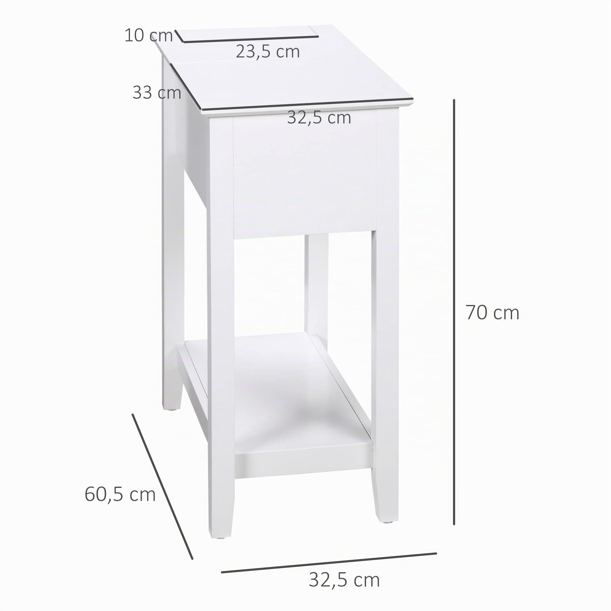 HOMCOM Mesa Auxiliar Mesita de Noche Tapa Abatible 60,5x32,5x70 cm Blanco | Estante de Almacenamiento, Orificio de Cable Oculto, para Salón Cama Dormitorio